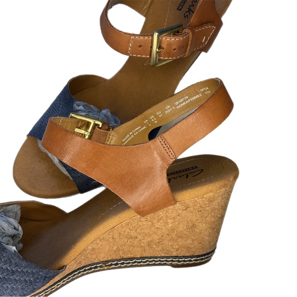 Clarks Collection Sandals Cork Wedge Open Toe Ankle Straps Blue Tan 9.5 - Picture 5 of 16